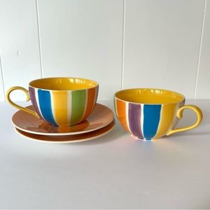 Vintage Hand Painted Cabana Stripes Cup & Saucer Set of 2 Canhome Thailand